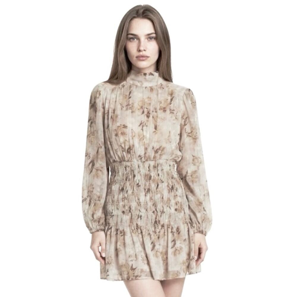 HOUSE OF HARLOW Women’s Boho Tan Floral Print Smocked Mini Dress